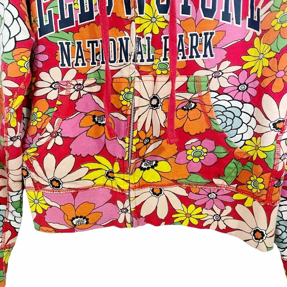 Vintage Girl Yellowstone Park 70s Floral Zip-Front Hoodie Red Pink Size Large - Picture 5 of 8